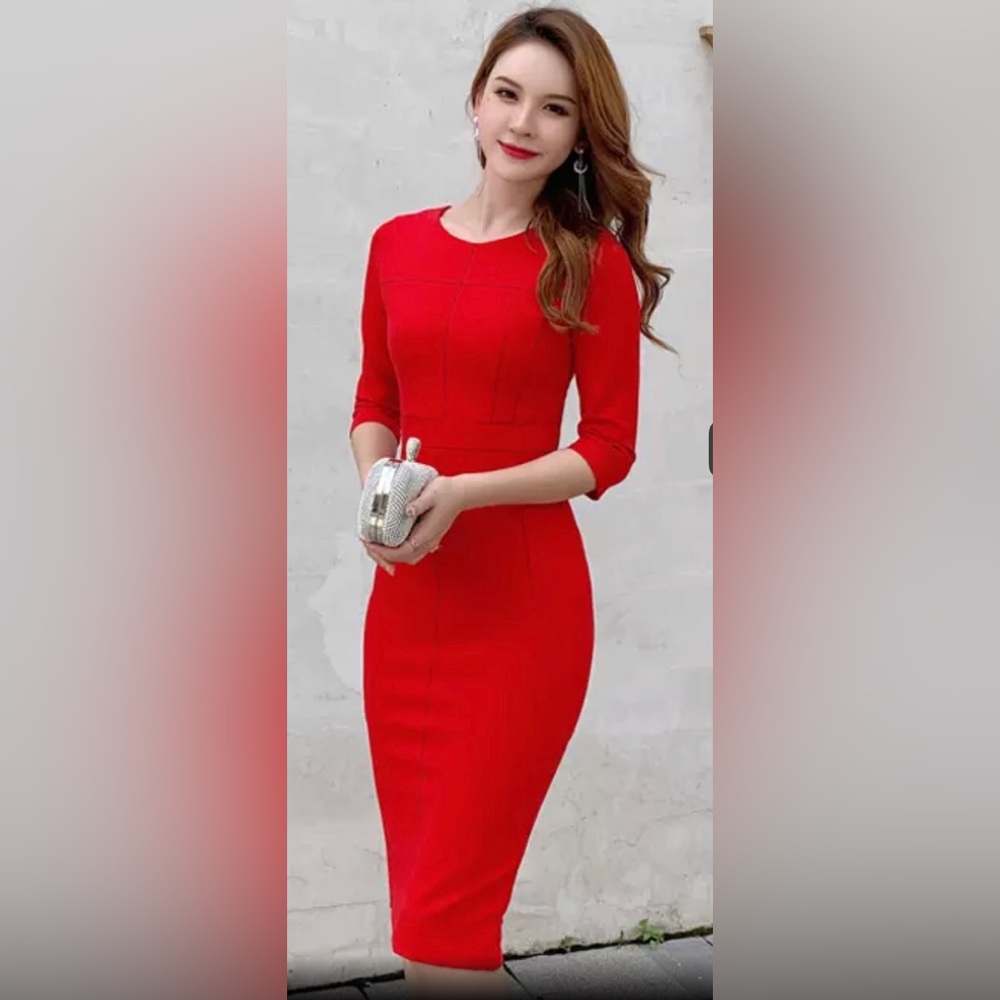 Red three quarter sleeve midi dress